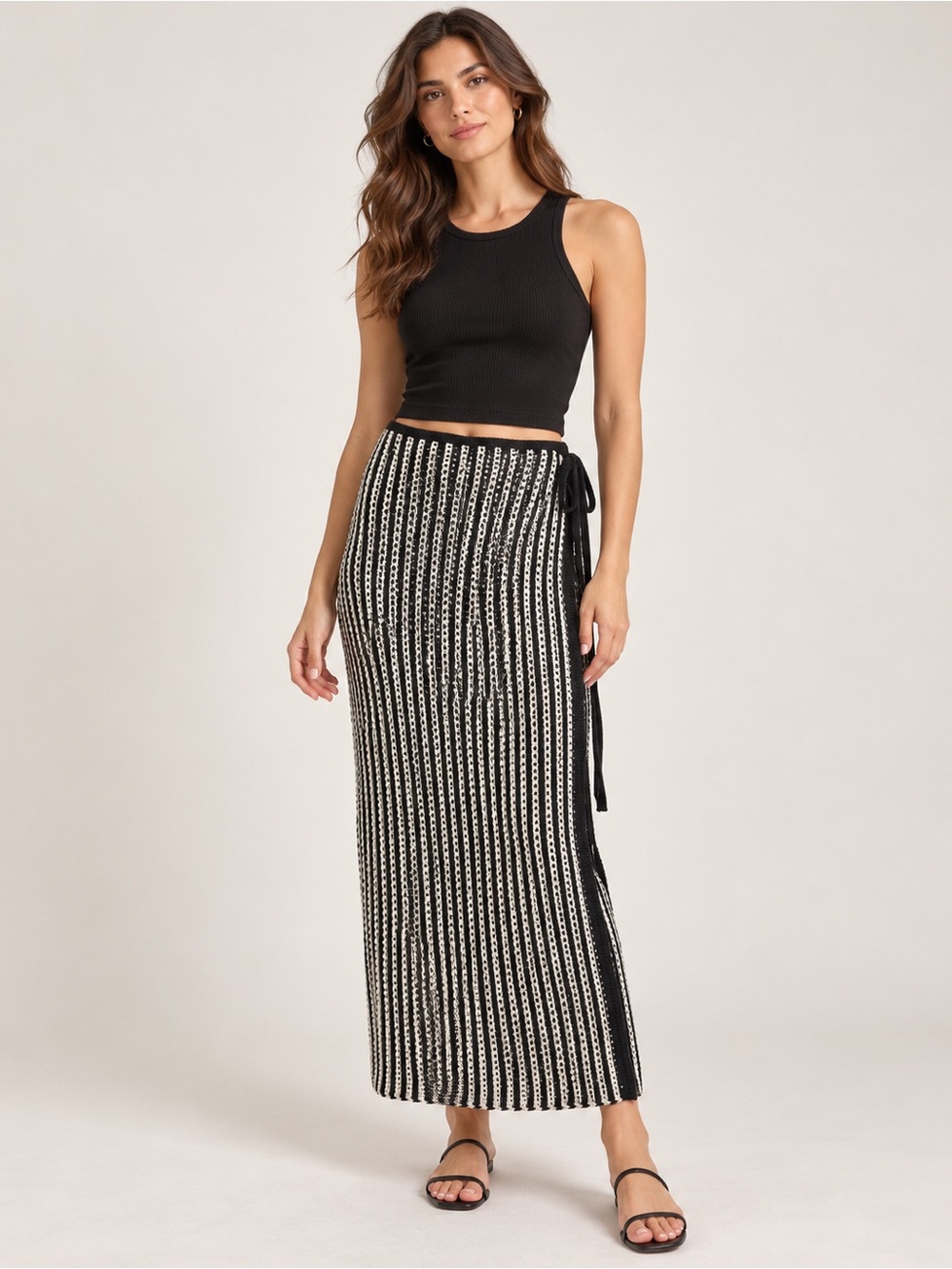 aerie Black and White Vertical Stripe Knit Maxi Skirt with Side Tie